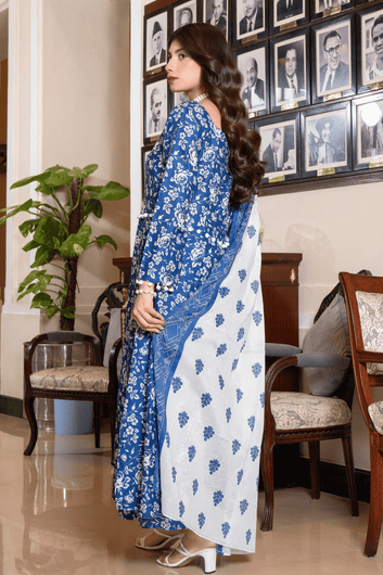 Azure Bloom – Frock Style – Premium Printed Lawn 3 Piece Suit
